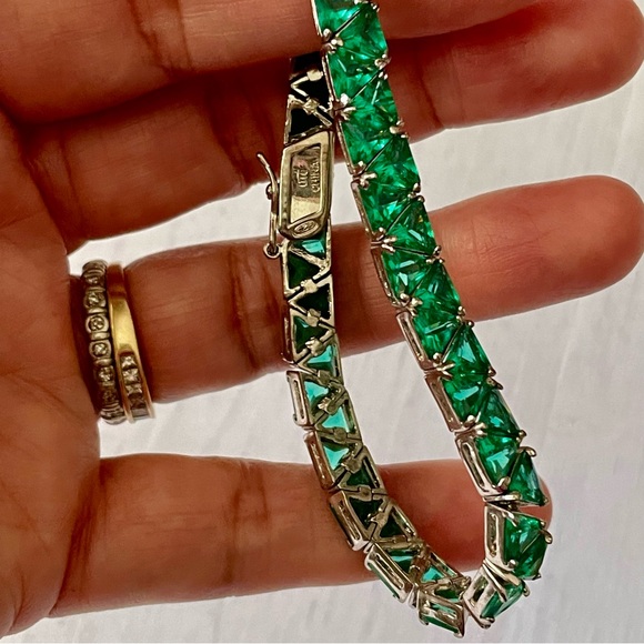 Green Silver Tennis 925 bracelet, bling chunky tennis bracelet, fancy fashion - Picture 3 of 8